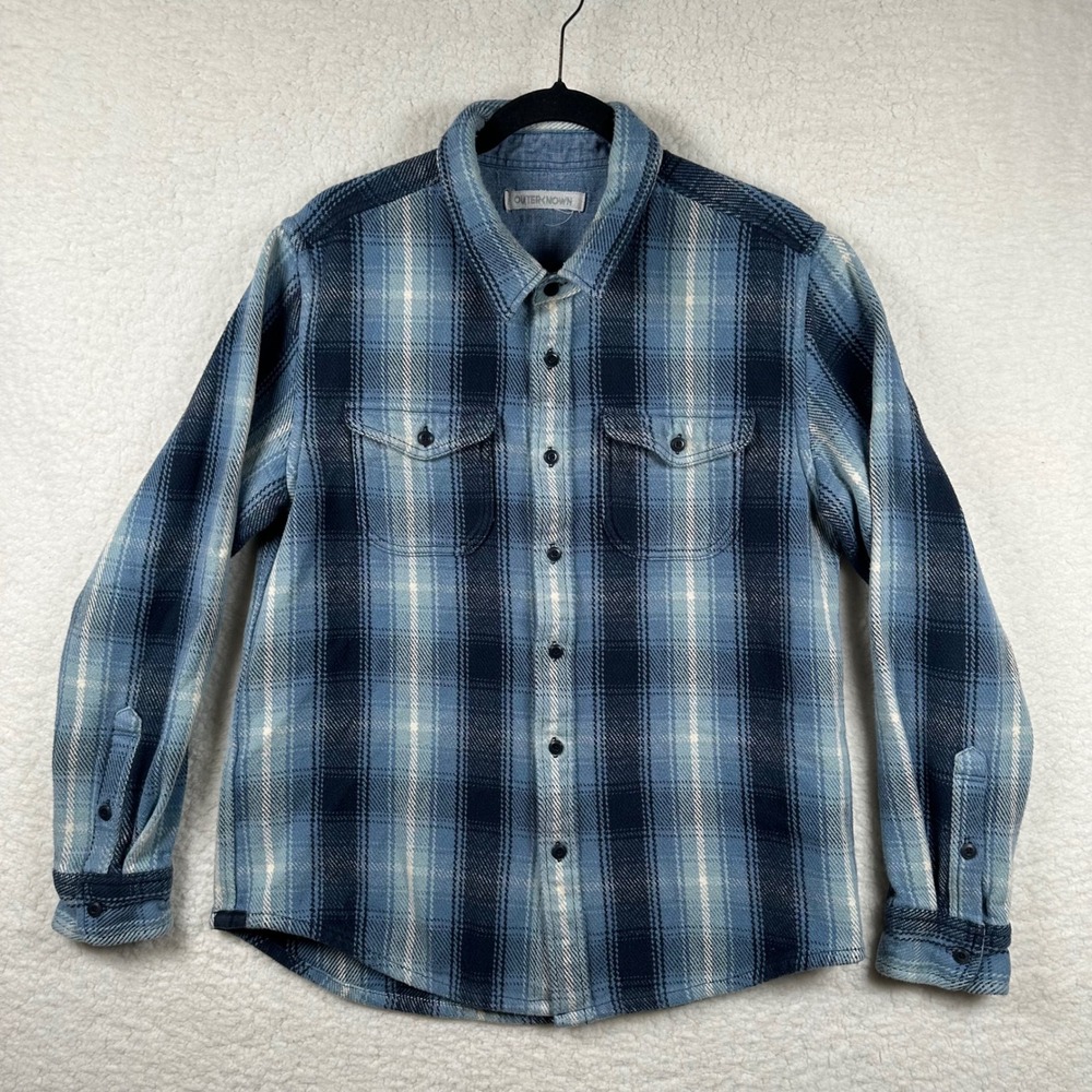 Outerknown Blanket Shirt Men's L Blue Plaid Organic Cotton Flannel Button Down